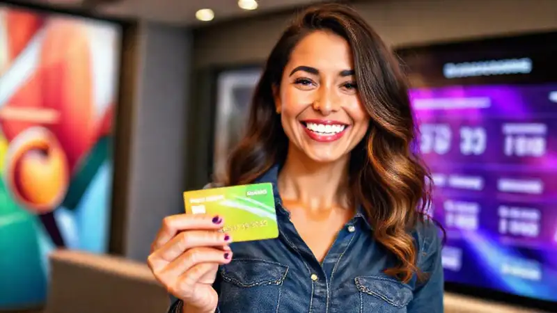 Mujer feliz gana recompensas con tarjeta