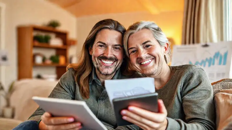 Pareja feliz planea su futuro financiero