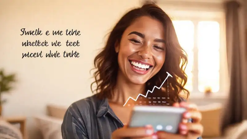 Una mujer feliz planifica ahorros online