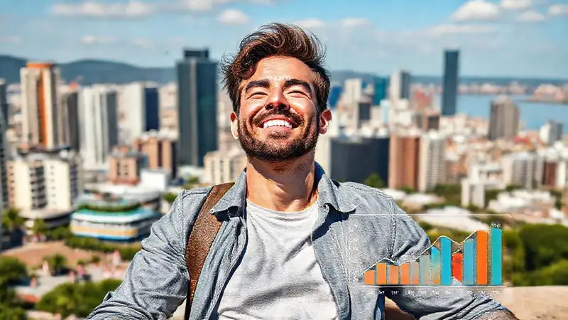 Un hombre feliz disfruta la ciudad