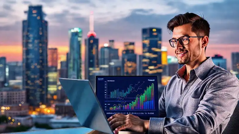 Inversor millennial visualiza crecimiento financiero moderno