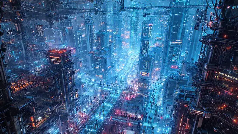 Una ciudad futurista, brillante y compleja
