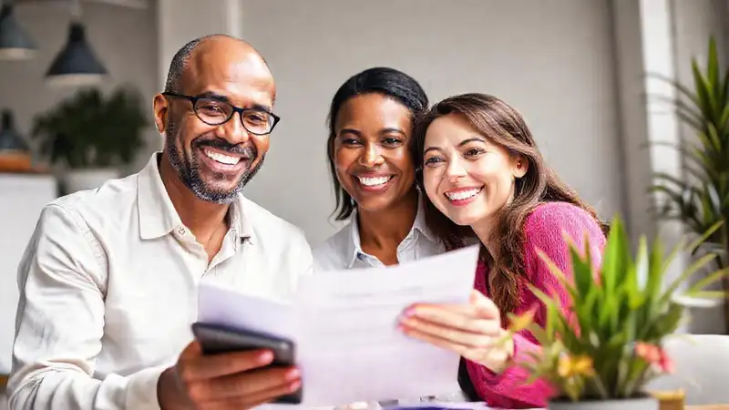 Pareja feliz planea su futuro financiero