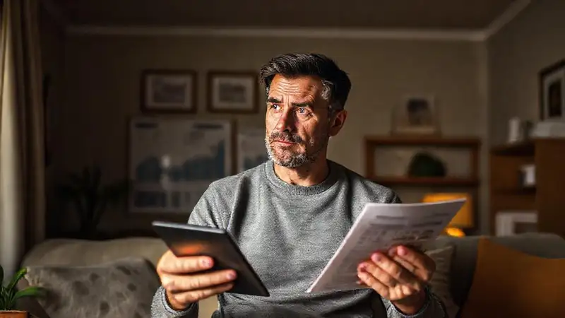 Un hombre reflexiona sobre opciones financieras