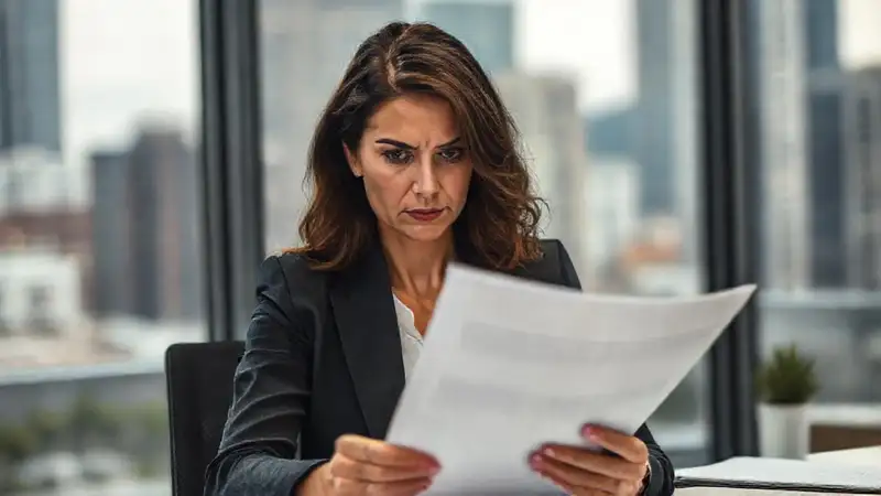 Mujer profesional evalúa documentos con calma