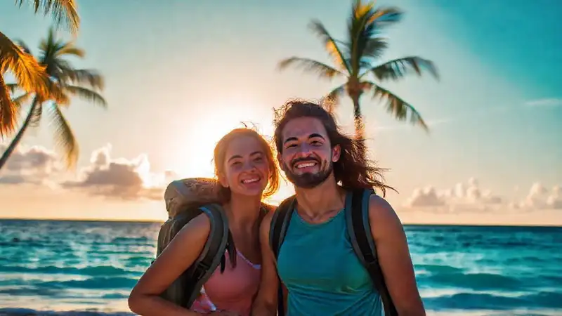 Pareja feliz viaja playa asequible