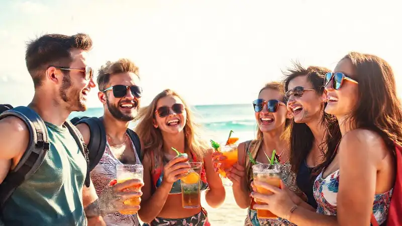 Amigos felices, playa, gastos compartidos, alegría