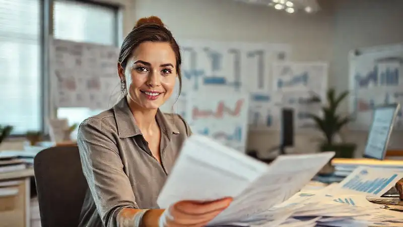 Una mujer analiza datos con confianza