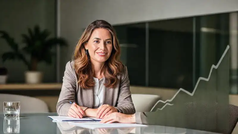 Una mujer segura negocia con calma