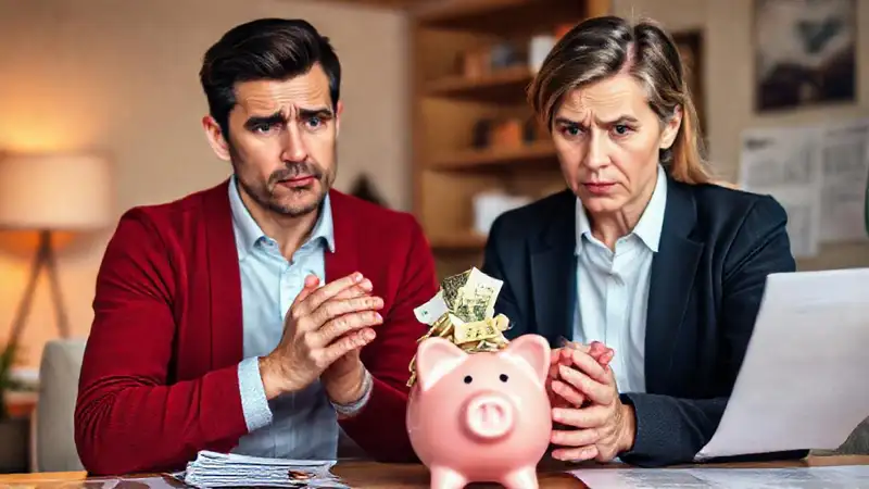Pareja preocupada, ahorros abundantes y estrés