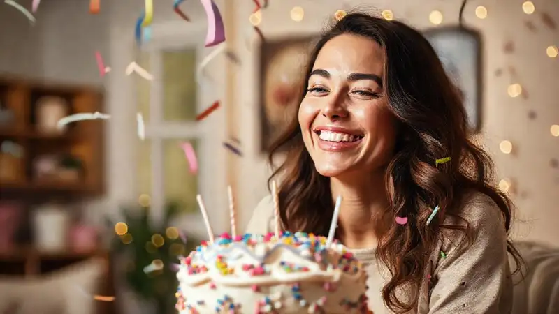 Una mujer feliz celebra en casa