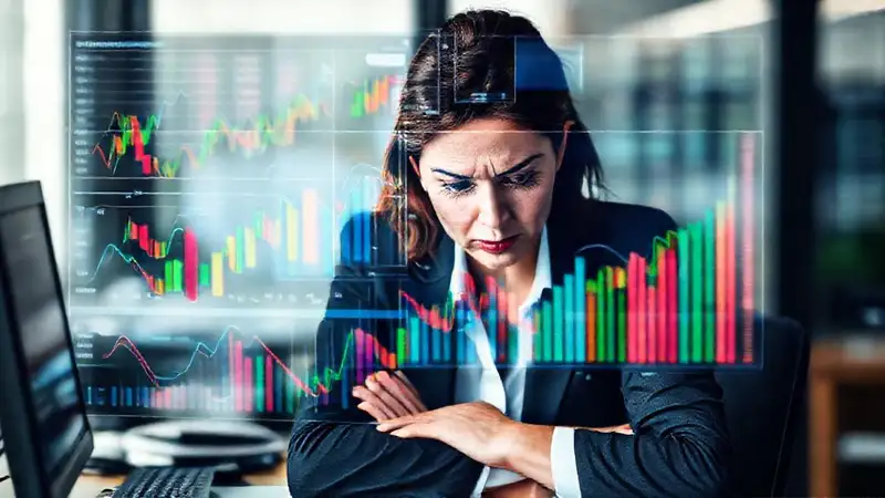 Una mujer de negocios estresada visualiza datos complejos