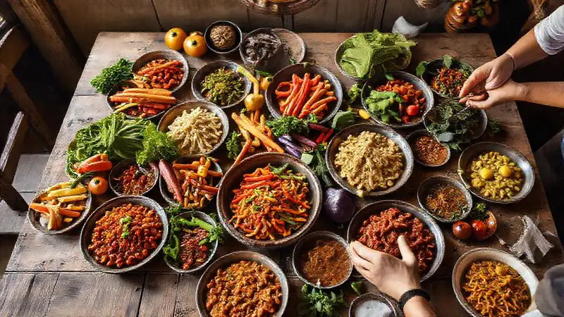 Una mesa rústica ofrece comida deliciosa