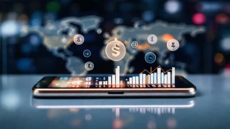 Smartphone muestra datos financieros globales