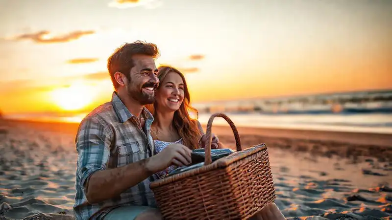 Pareja feliz disfruta de un atardecer tranquilo