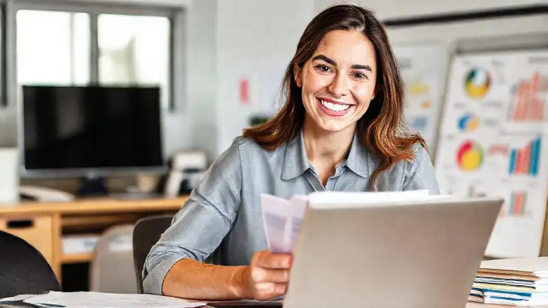 Una mujer sonríe a un futuro financiero seguro