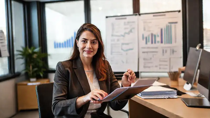 Mujer inteligente analiza finanzas en 2024