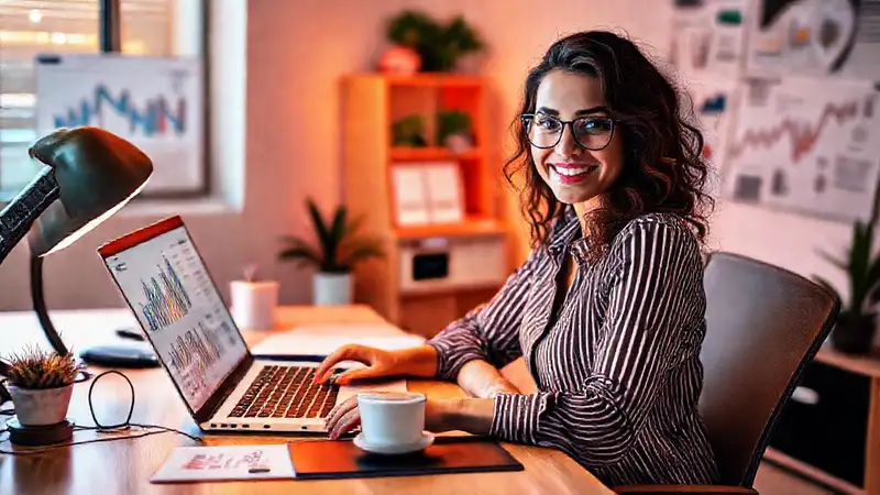 Una mujer confiada trabaja con éxito