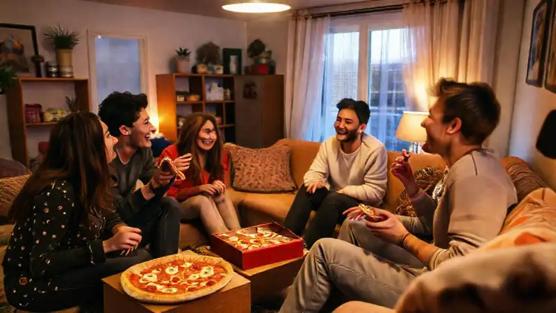 Amigos, pizza, juegos y ambiente cálido