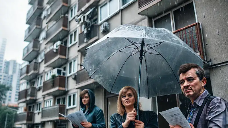 Edificio lluvioso con residentes preocupados