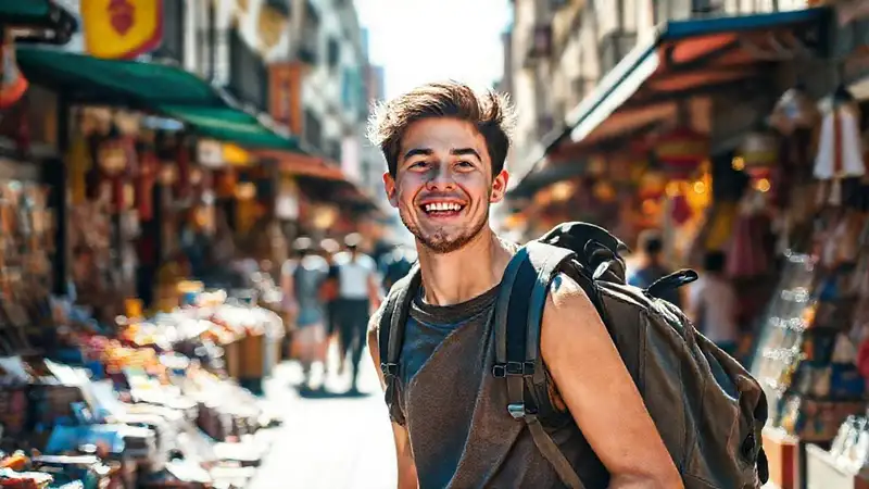 Viajero joven disfruta la ciudad bulliciosa