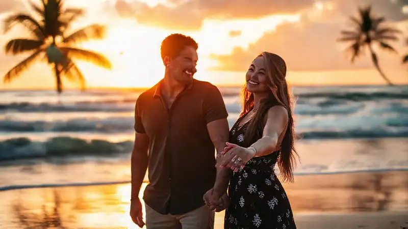 Amantes felices en playa al atardecer