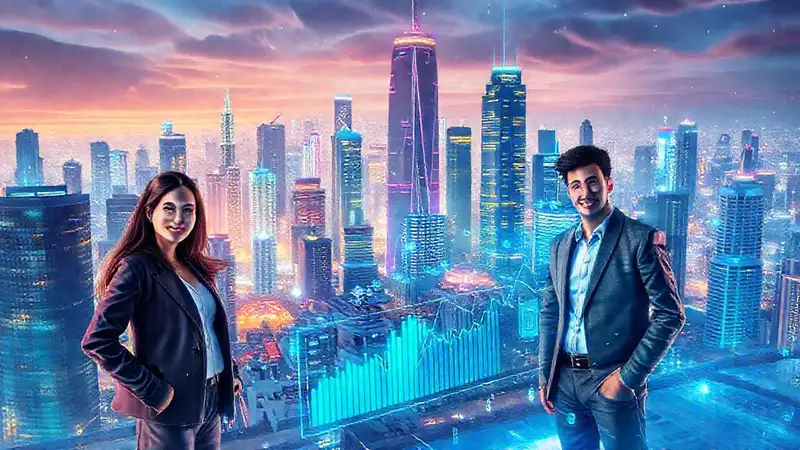 Ciudad futurista, inversores digitales, optimismo vibrante