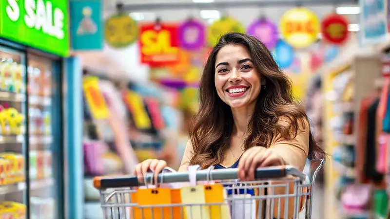 Mujer feliz compra con grandes descuentos