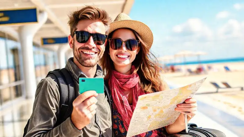 Viajero sonriente viaja a la playa