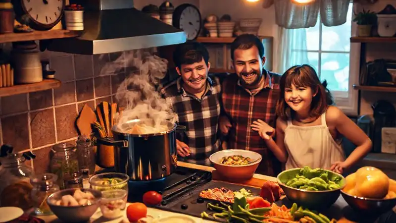Una familia feliz cocina en casa