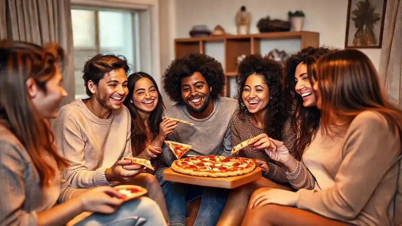 Amigos comparten risas y pizza