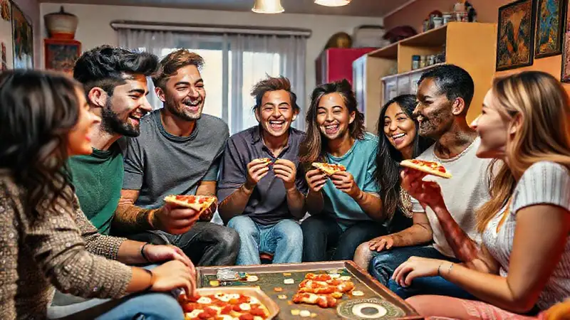 Amigos felices comparten pizza y risas