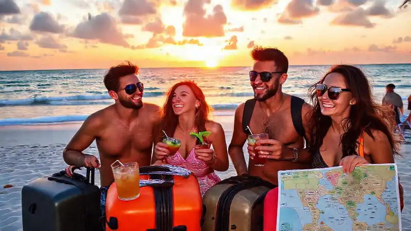 Amigos felices disfrutan un atardecer tropical