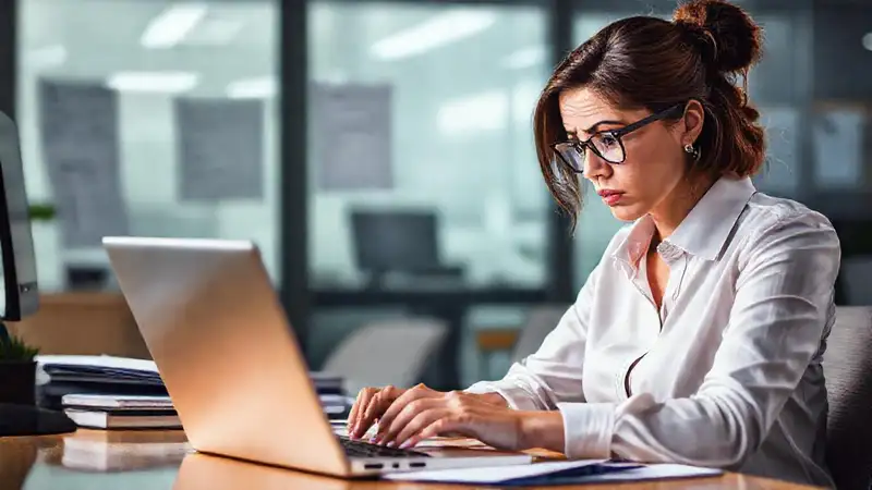 Mujer confusa trabaja con documentos fiscales