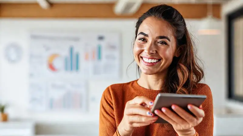 Una mujer sonríe a un futuro financiero