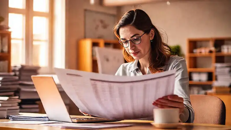 Mujer planifica finanzas con calma
