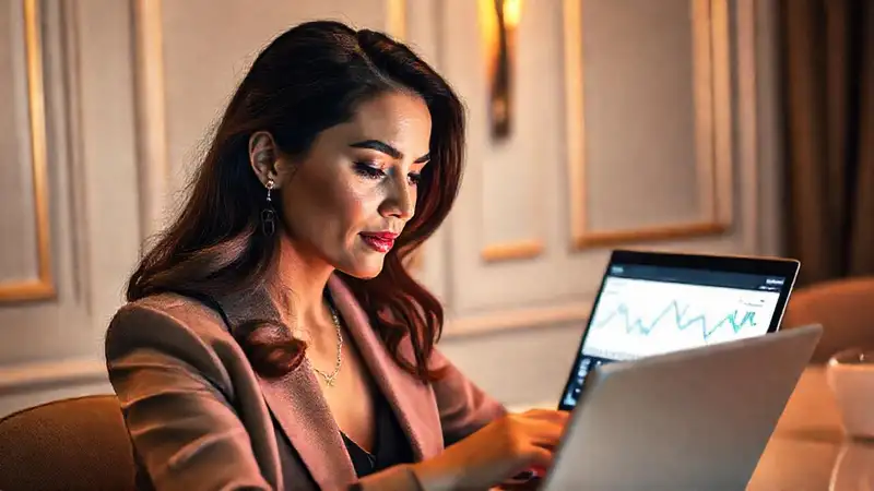 Mujer elegante, finanzas y lujo sereno
