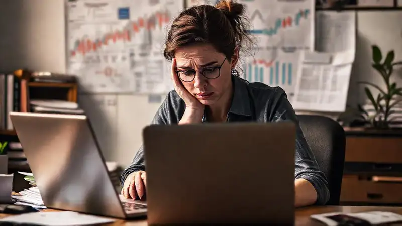 Una mujer estresada gestiona finanzas en casa