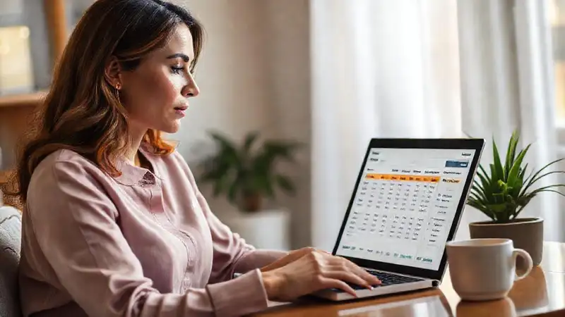 Mujer planifica finanzas en un hogar tranquilo