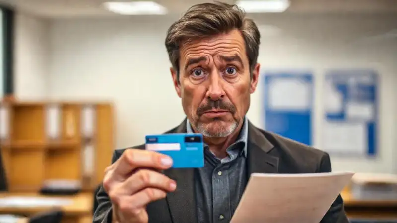 Un adulto confuso con tarjeta de débito