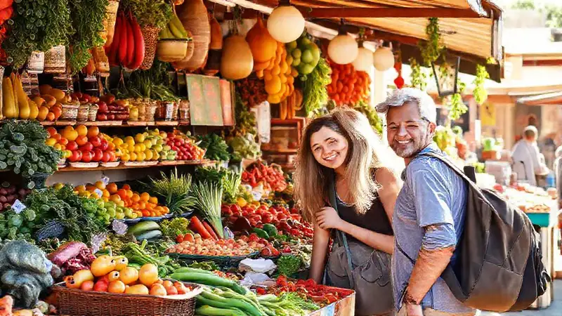 Un mercado soleado ofrece comida deliciosa